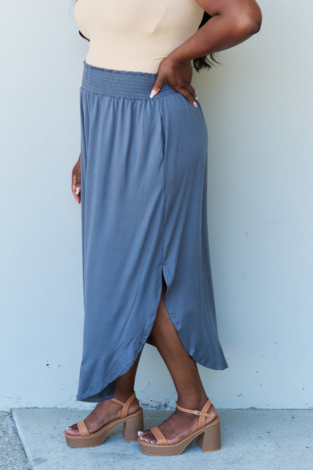 themeisles Doublju Comfort Princess Full Size High Waist Scoop Hem Maxi Skirt in Dusty Blue