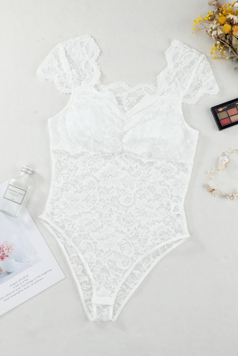 swvws Ruched Sweetheart Neck Lace Bodysuit