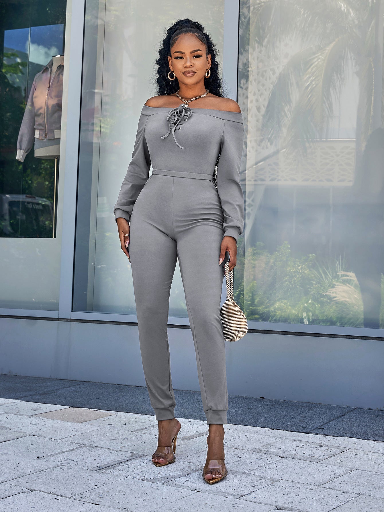 swvws Lace-Up Off-Shoulder Long Sleeve Jumpsuit