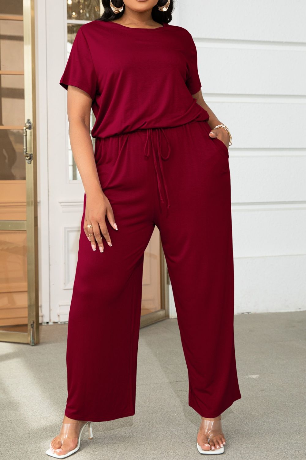 swvws Plus Size Drawstring Waist Short Sleeve Jumpsuit