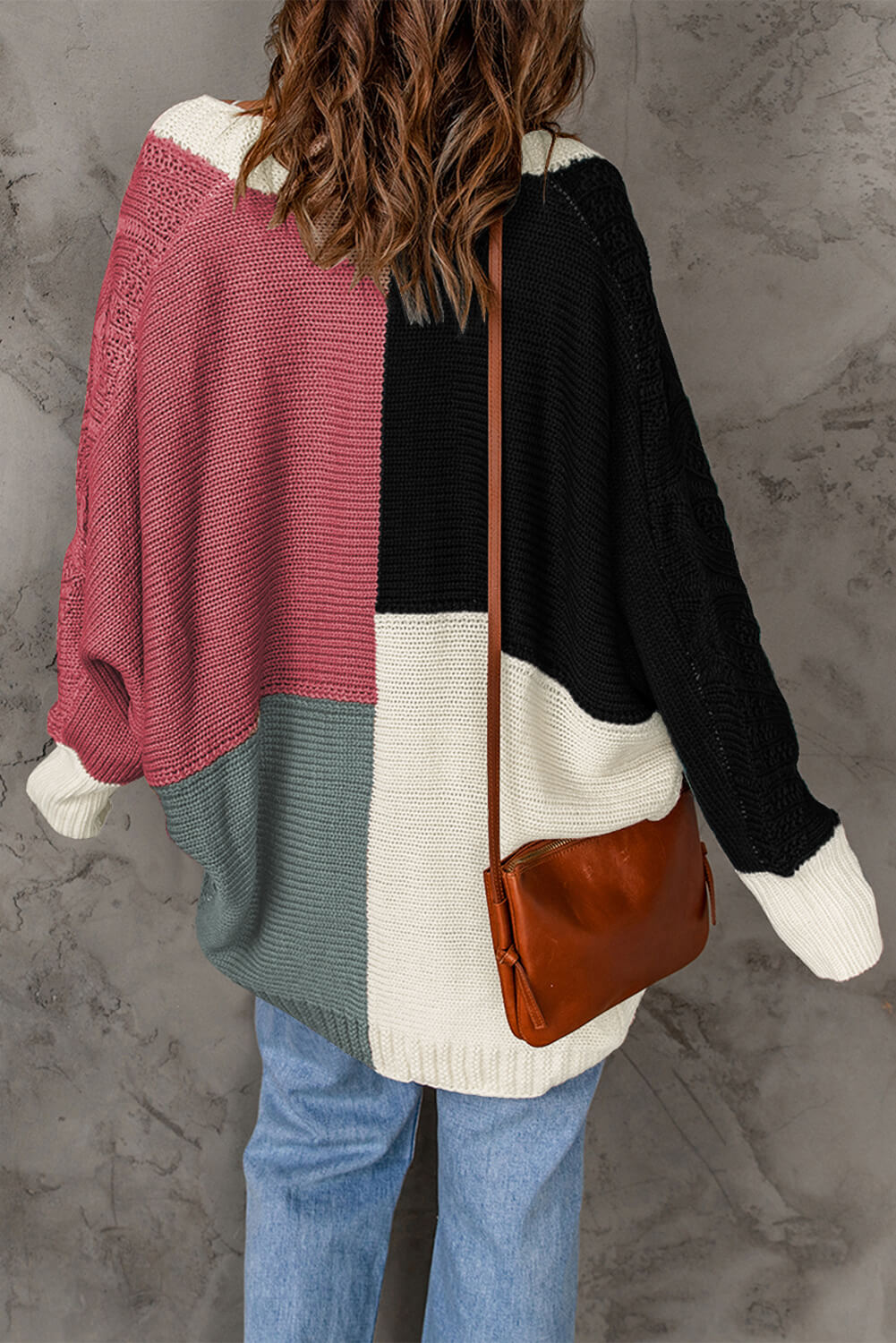 swvws Color Block Cable-Knit Batwing Sleeve Cardigan