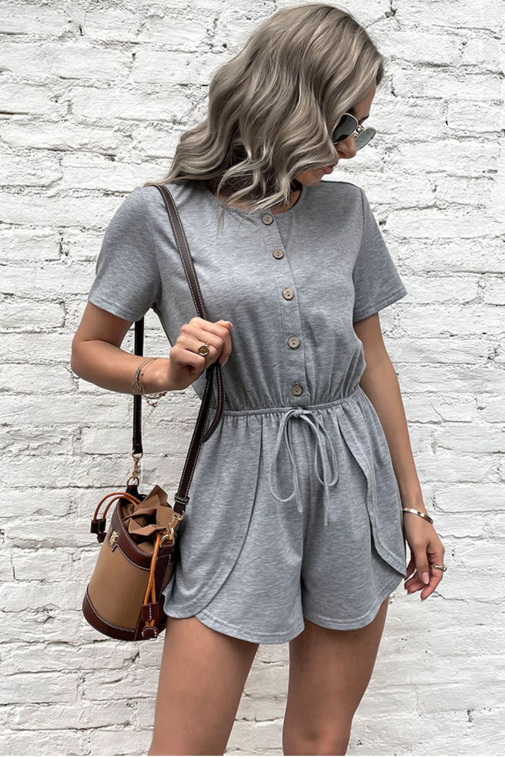 swvws Buttoned Drawstring Round Neck Romper