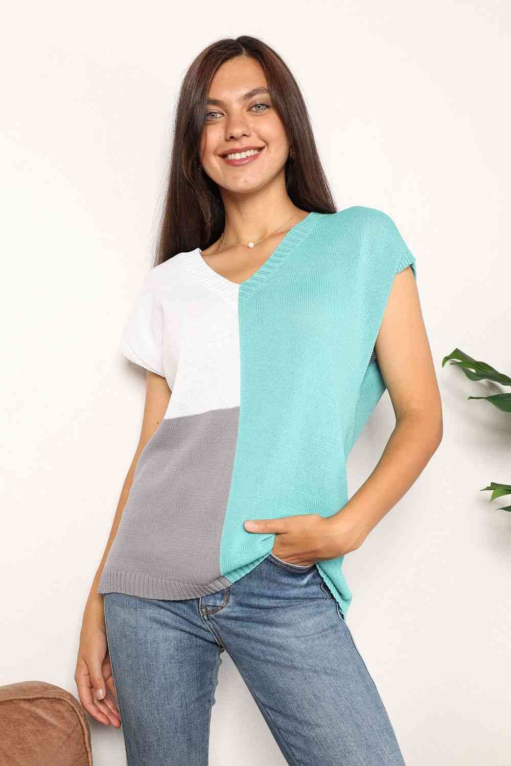 swvws Double Take Color Block V-Neck Knit Top