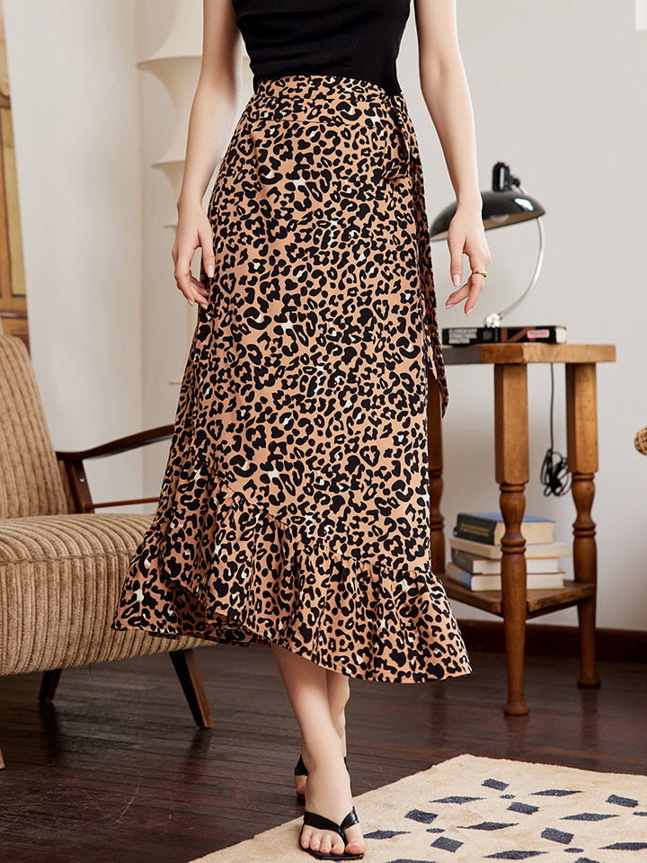 themeisles Leopard Ruffle Hem Midi Skirt