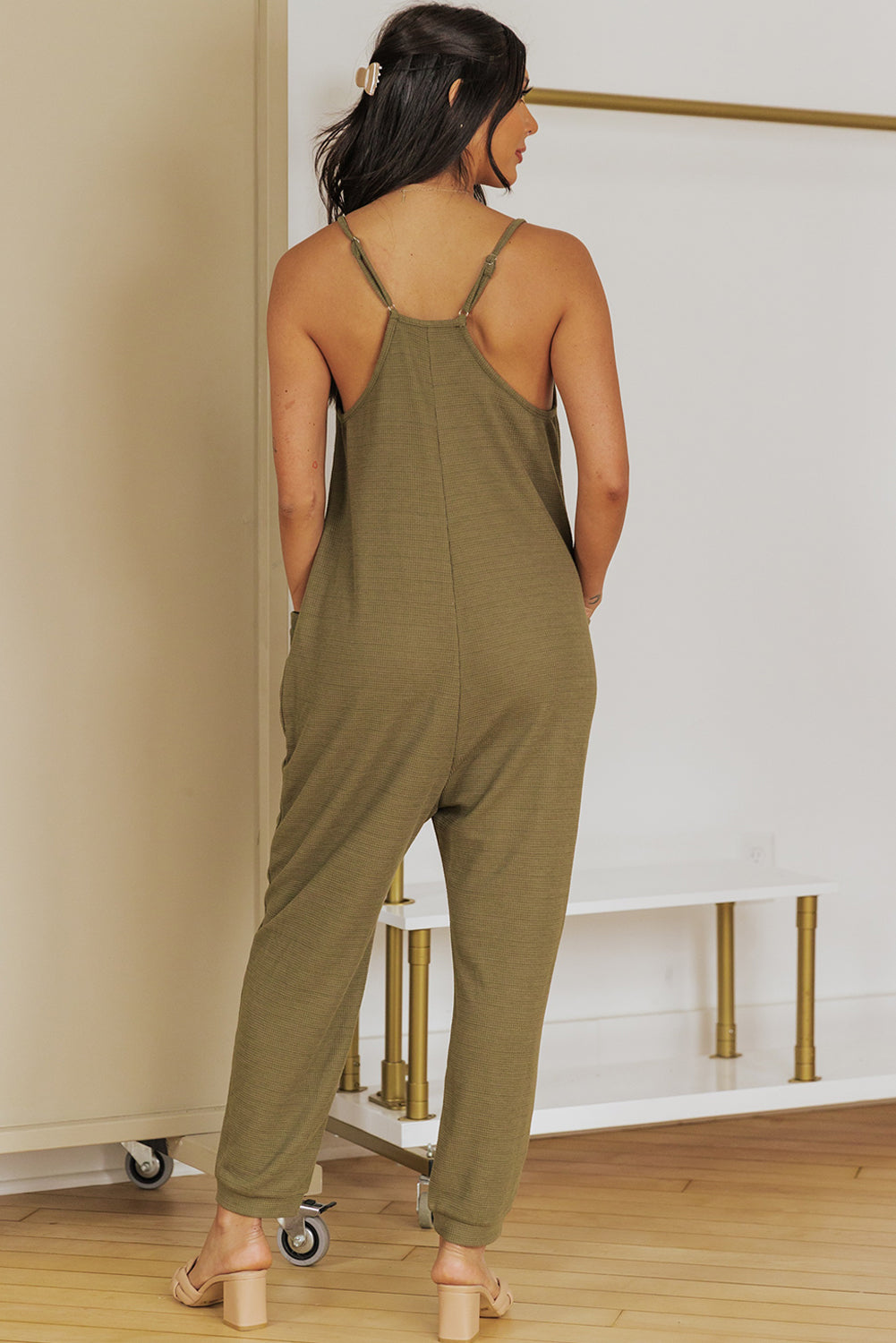 swvws Spaghetti Strap Deep V Jumpsuit with Pockets