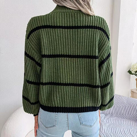 swvws Striped Mock Neck Dropped Shoulder Sweater