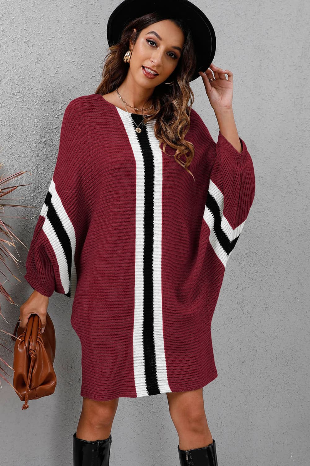 swvws Ribbed Round Neck Long Sleeve Sweater Dress