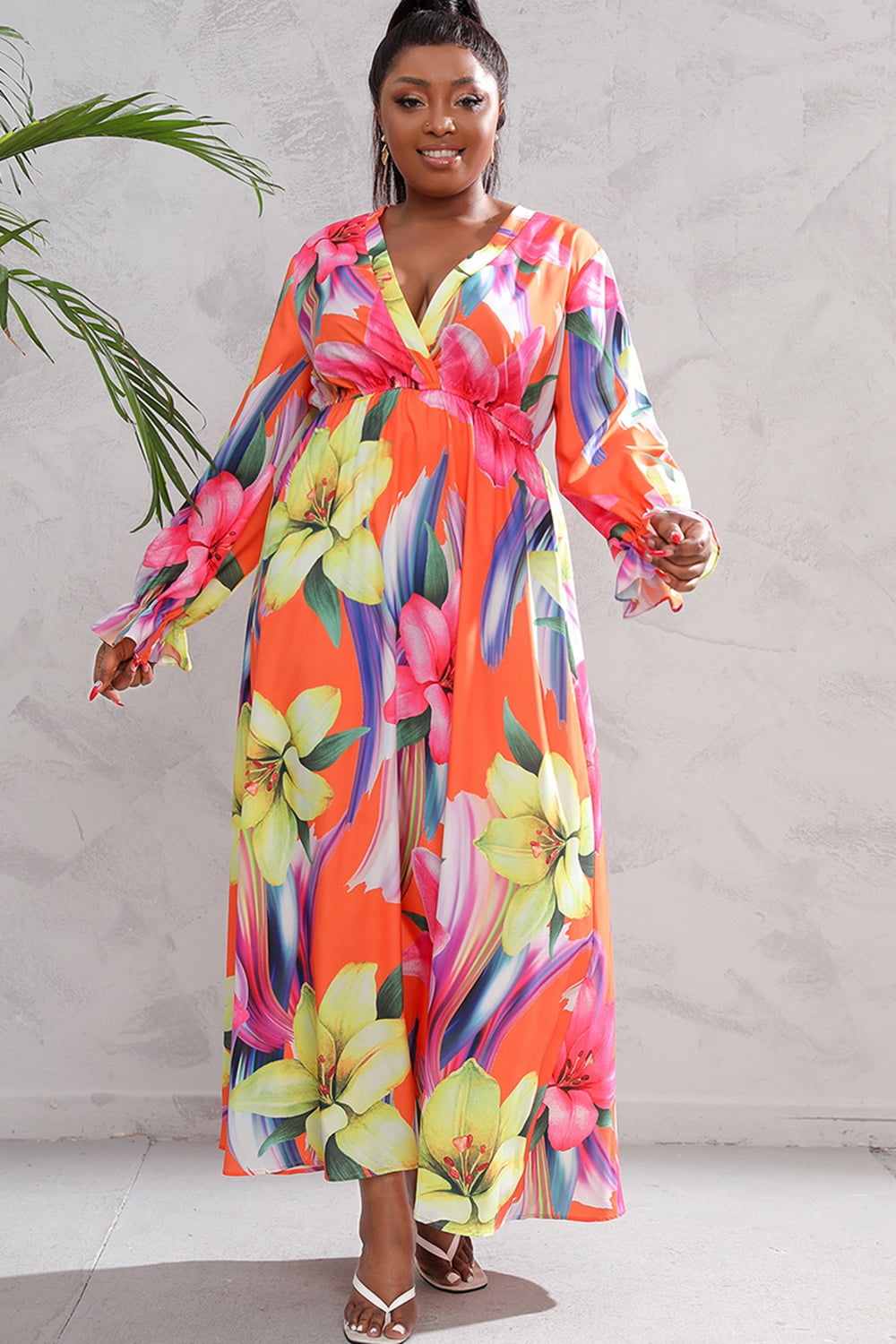 swvws Plus Size Printed Flounce Sleeve Maxi Dress