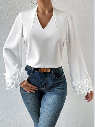 swvws Lettuce Hem V-Neck Long Sleeve Blouse