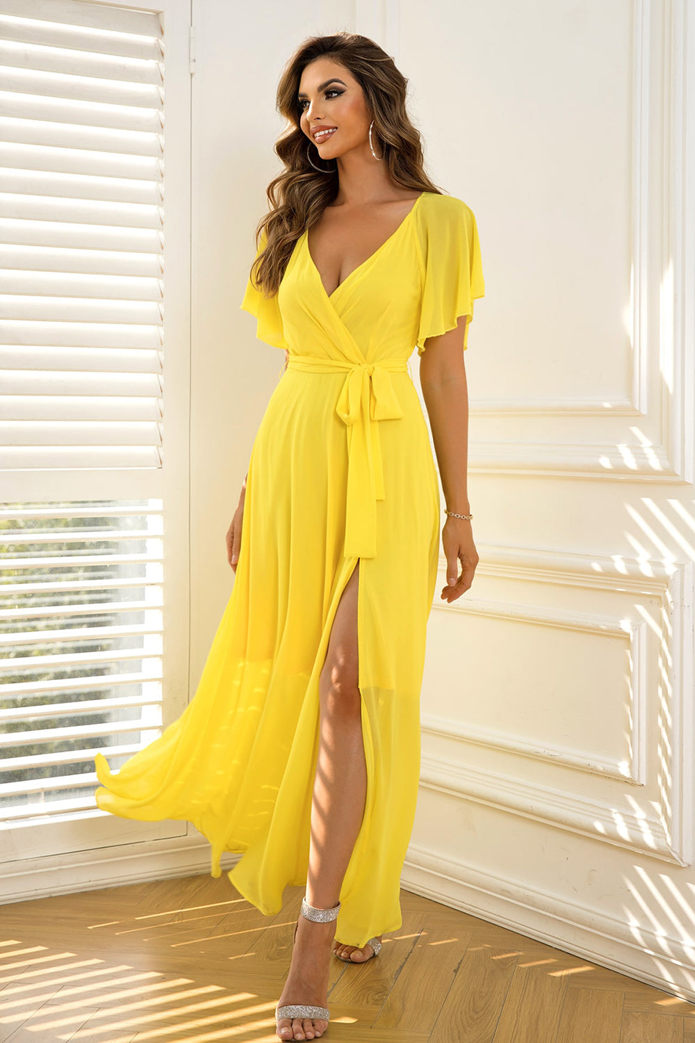 swvws Tie Waist Flutter Sleeve Maxi Dress