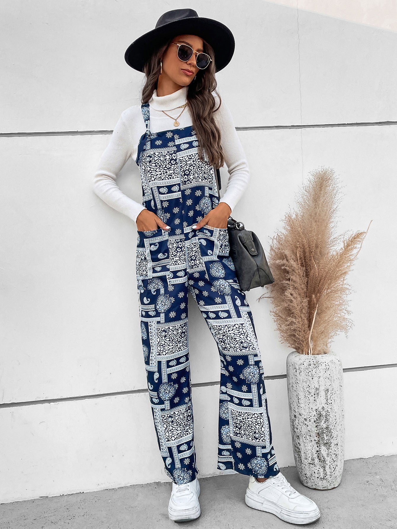 swvws Printed Straight Leg Jumpsuit with Pockets