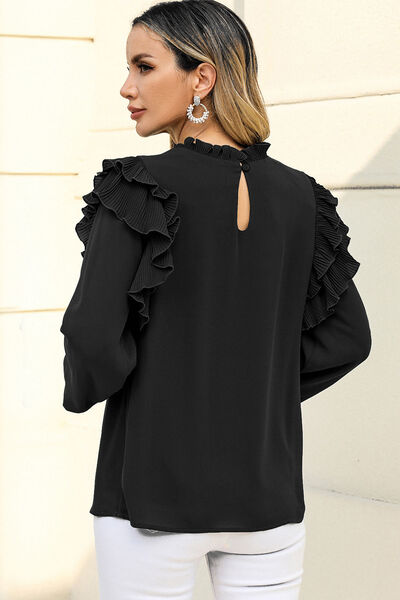 swvws Ruffled Round Neck Long Sleeve Blouse