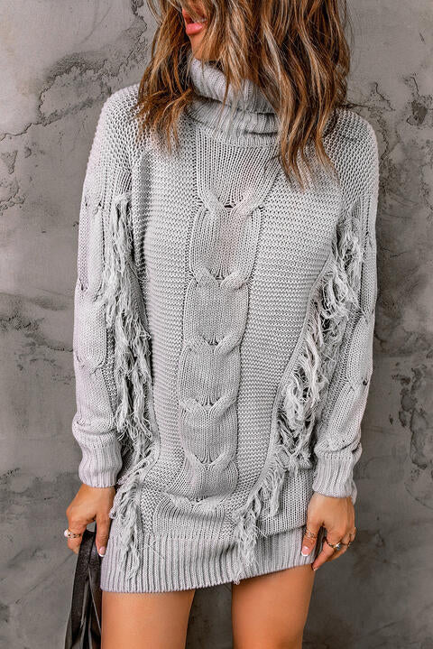 swvws Turtleneck Fringe Detail Sweater Dress