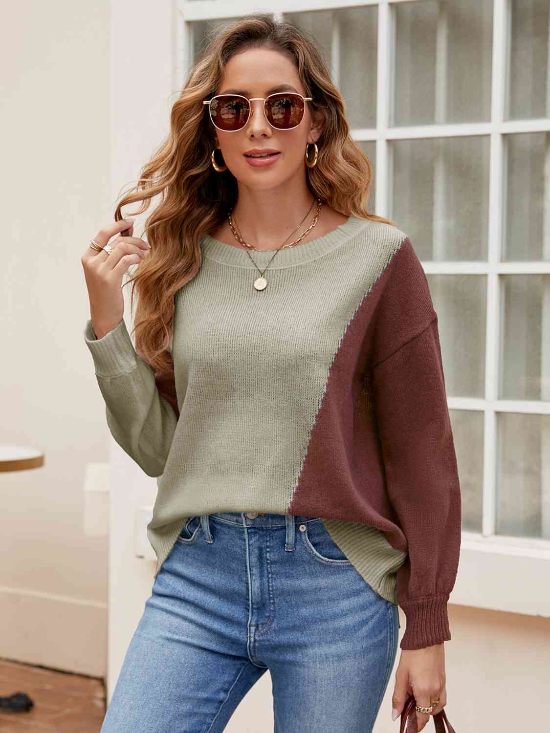 swvws Contrast Round Neck Long Sleeve Knit Top