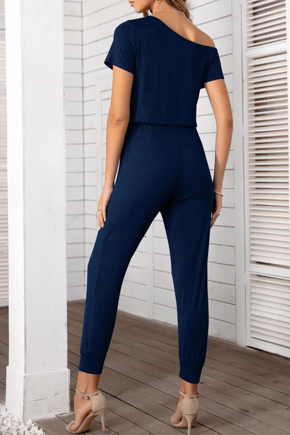 swvws Asymmetrical Neck Short Sleeve Jumpsuit