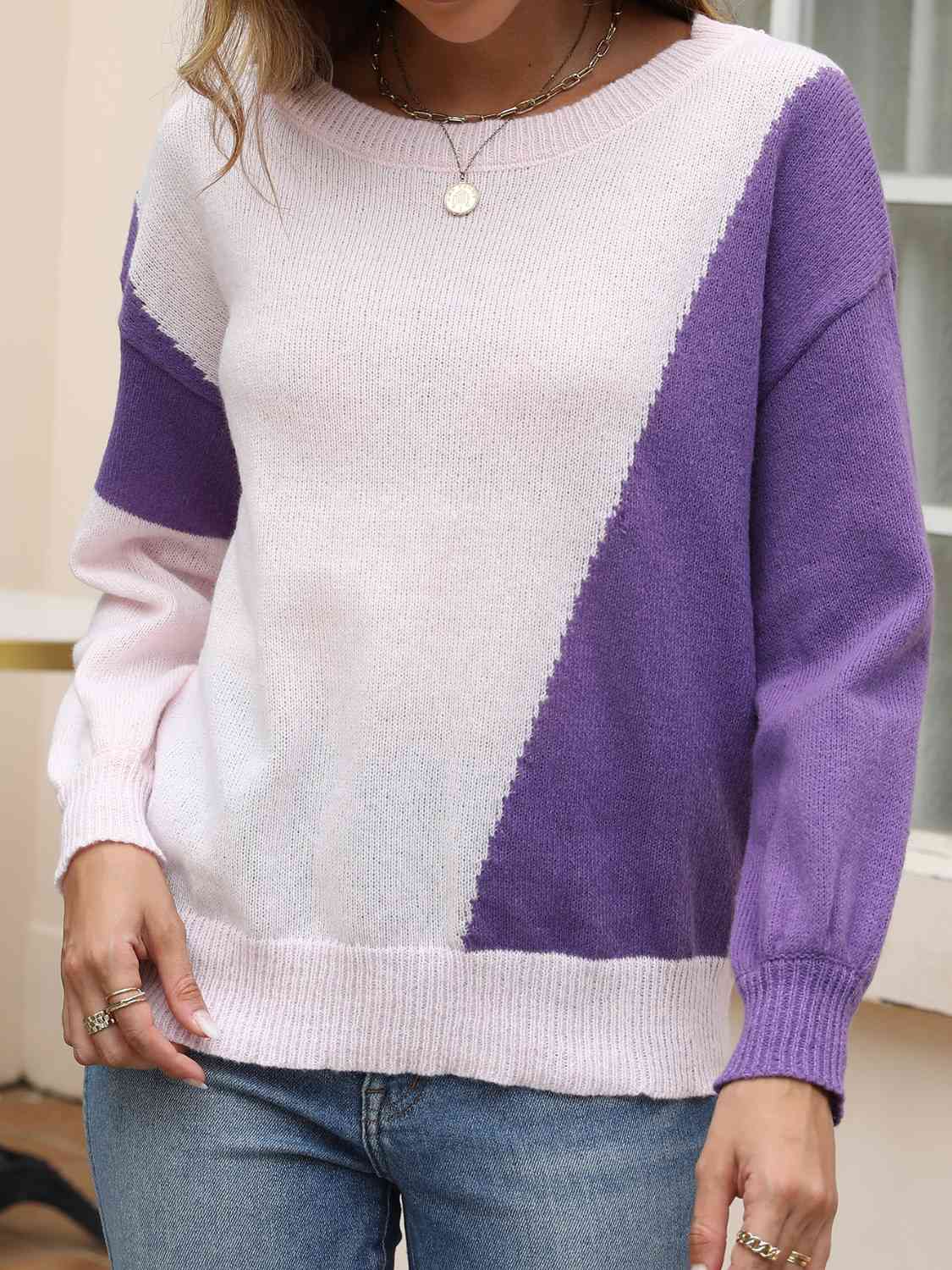 swvws Contrast Round Neck Long Sleeve Knit Top