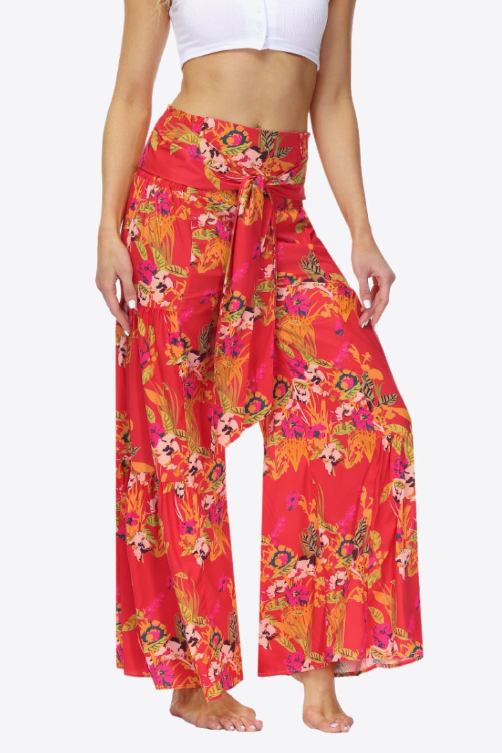 swvws Floral Tie-Waist Tiered Culottes