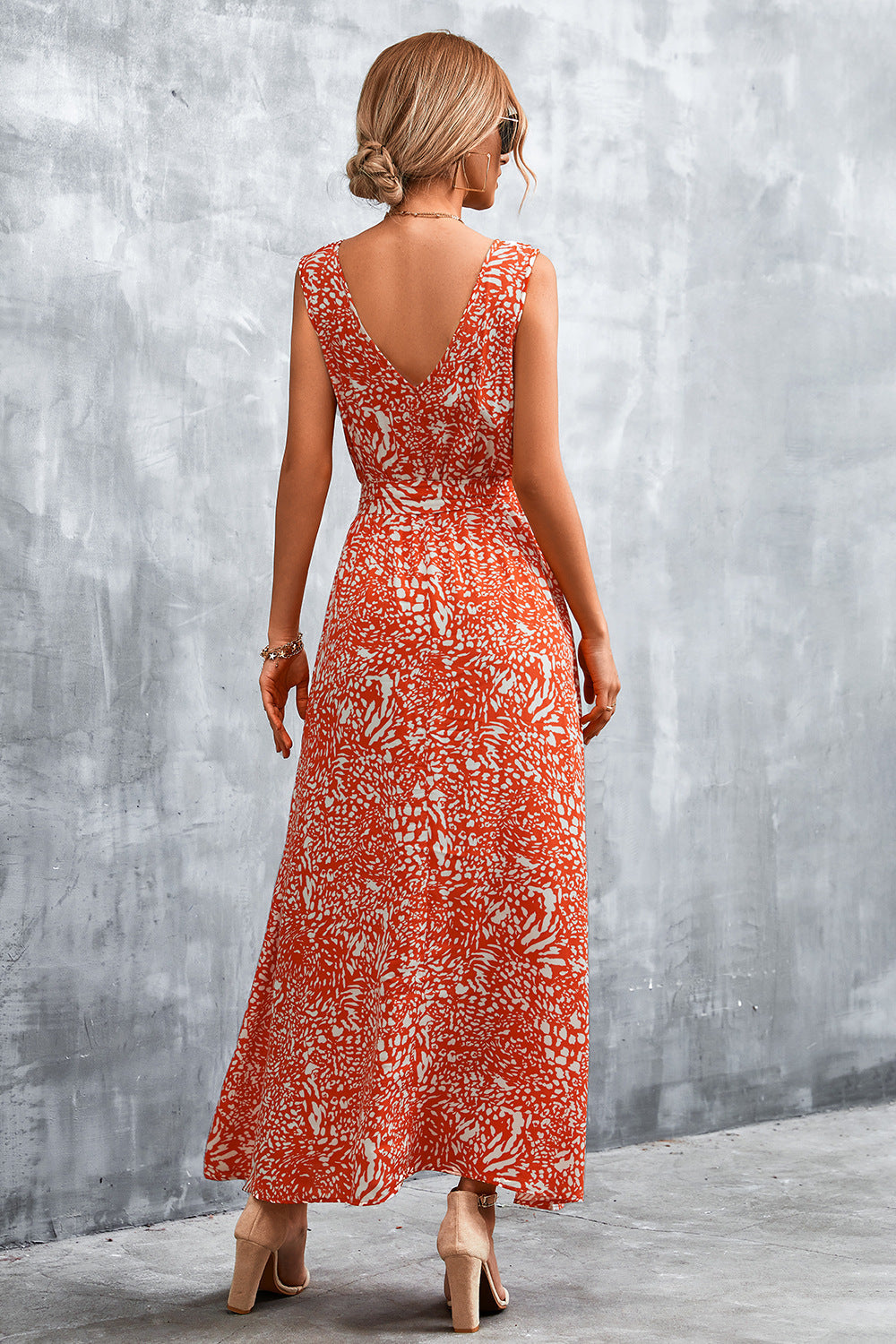 swvws Printed V-Neck Tie Waist Maxi Dress