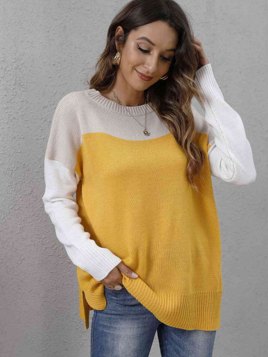 swvws Color Block Round Neck Dropped Shoulder Sweater