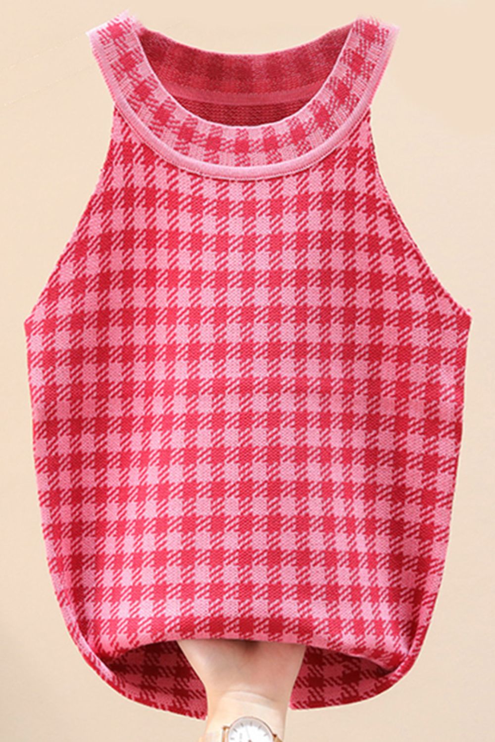 swvws Plaid Round Neck Sleeveless Knit Top