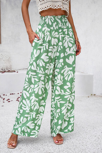 swvws Smocked Printed Wide Leg Pants with Pockets