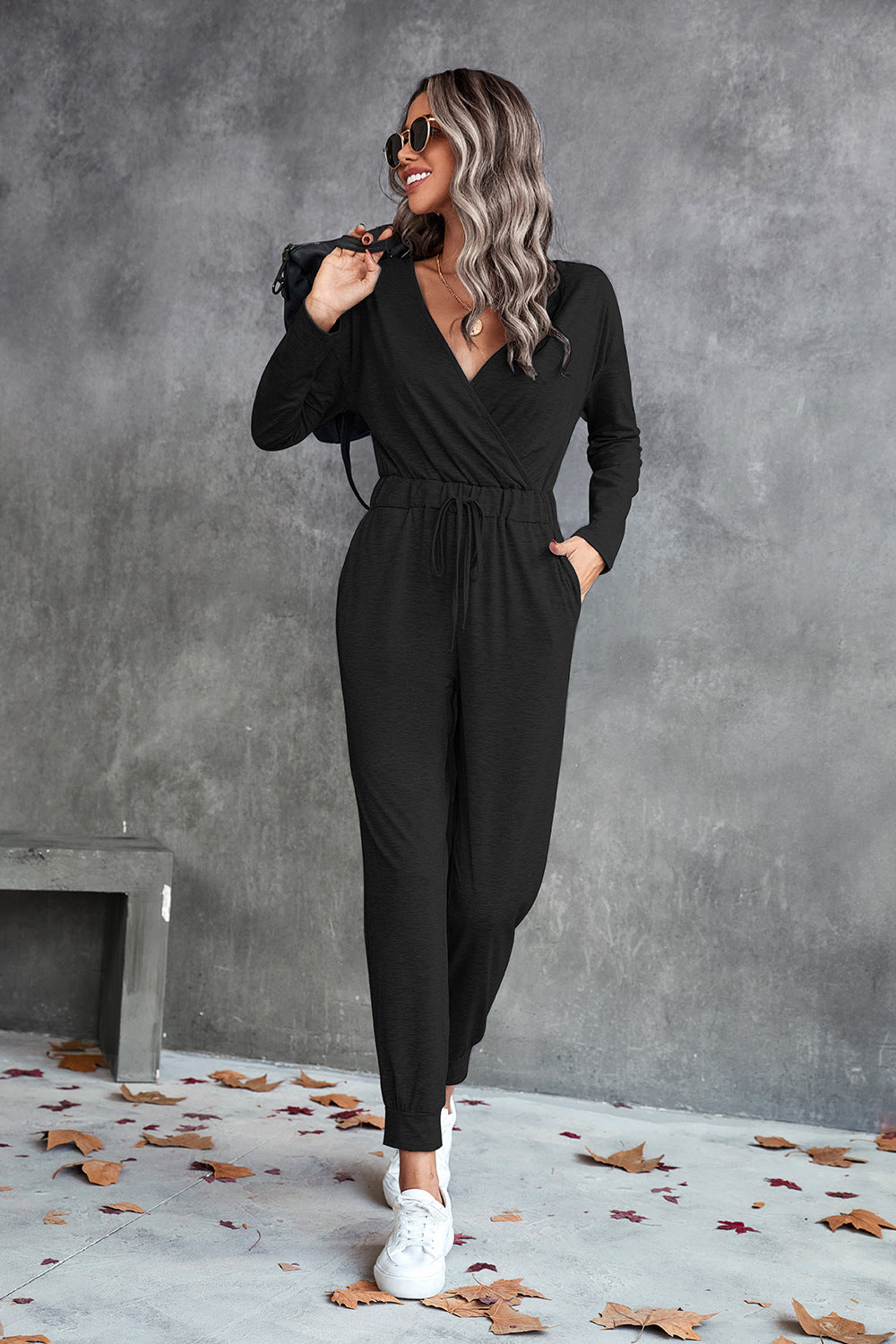 swvws Drawstring Waist Surplice Long Sleeve Jumpsuit