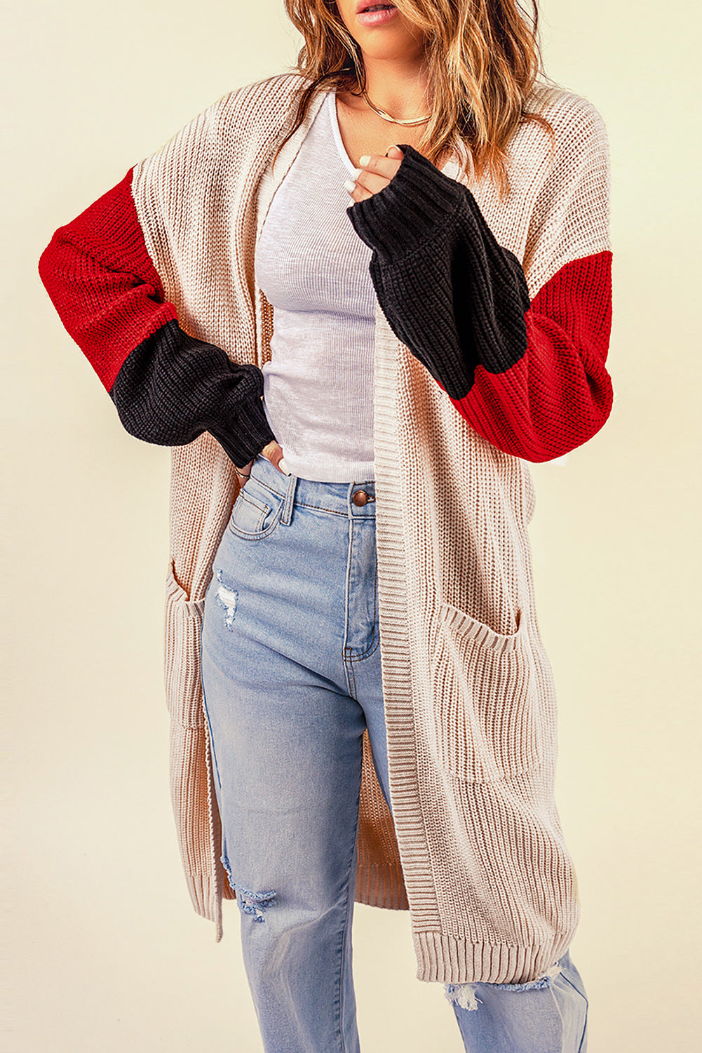 swvws Color Block Rib-Knit Longline Cardigan with Front Pockets