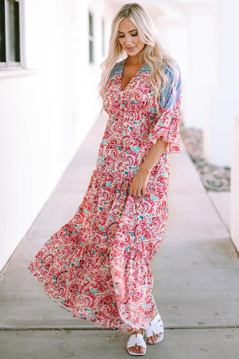 swvws Deep V Three-Quarter Sleeve Maxi Dress