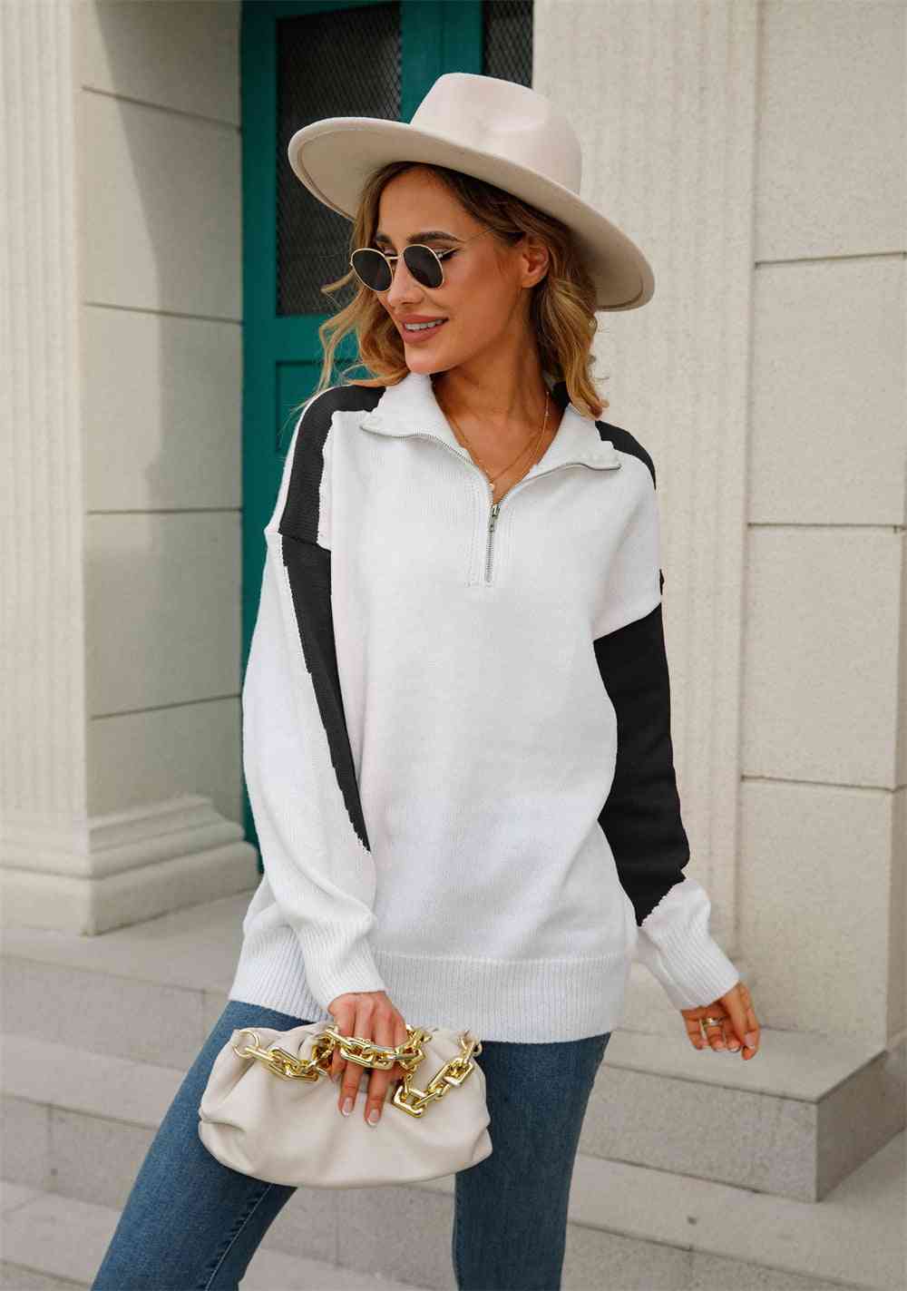 swvws Two-Tone Collared Neck Dropped Shoulder Knit Top