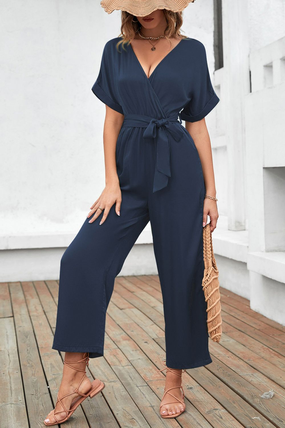 swvws Tie-Waist Surplice Wide Leg Jumpsuit