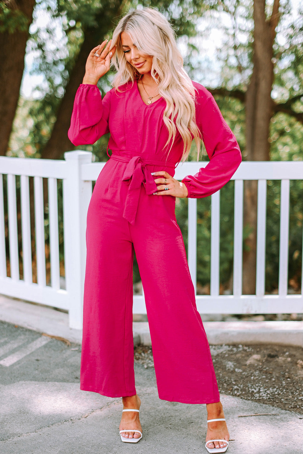 swvws Belted V-Neck Wide Leg Jumpsuit