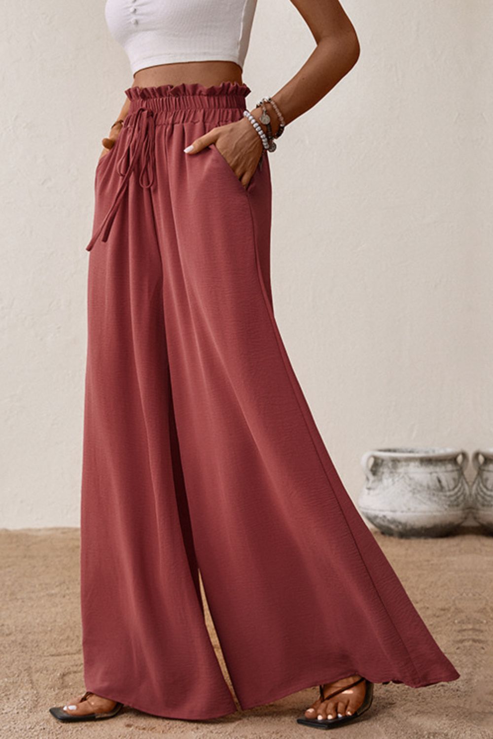 swvws Smocked Paperbag Waist Wide Leg Pants