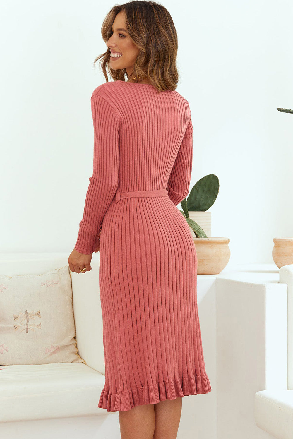 swvws Ribbed V-Neck Tie Waist Pencil Dress