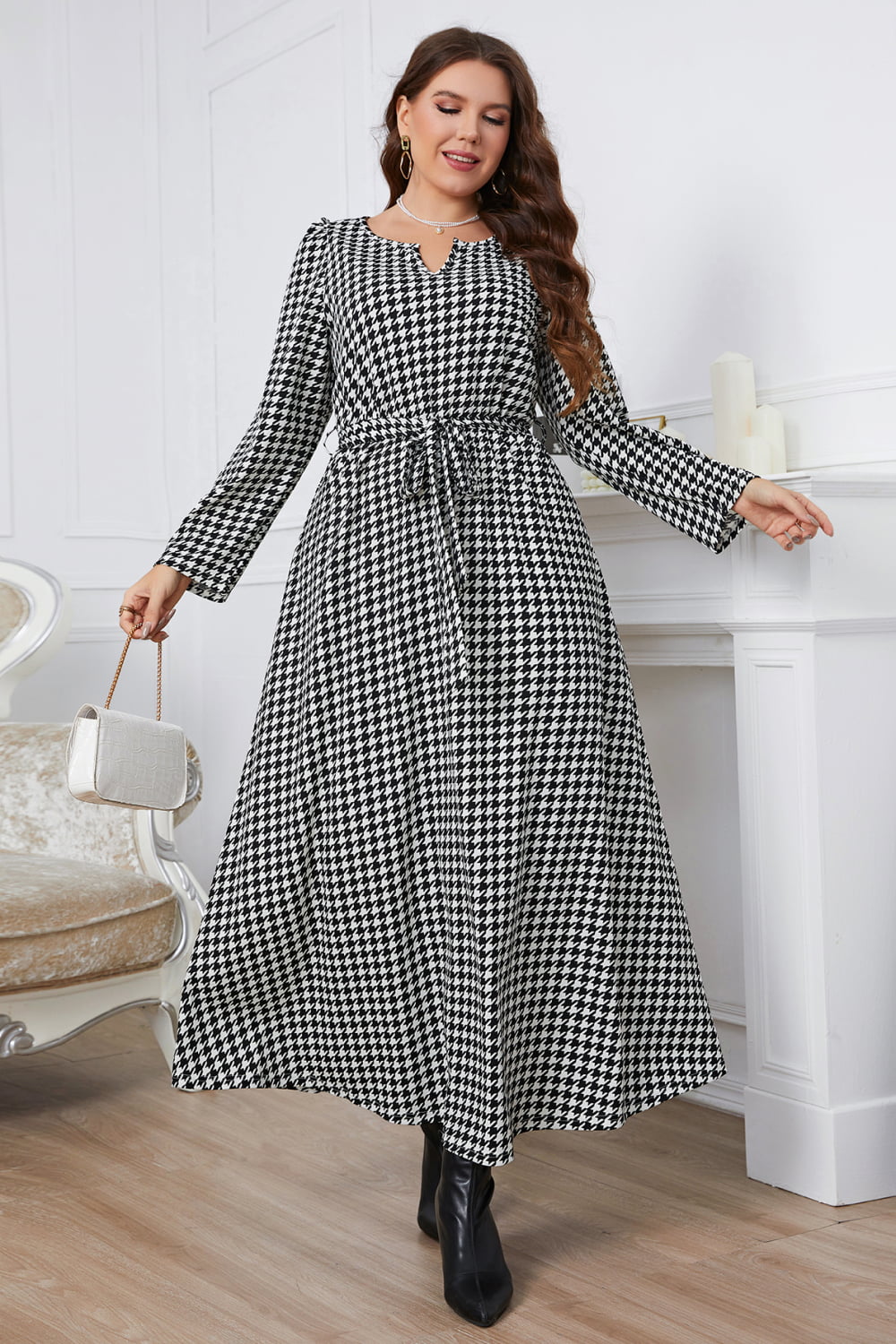 swvws Melo Apparel Plus Size Notched Neck Houndstooth Tie Belt Maxi Dress