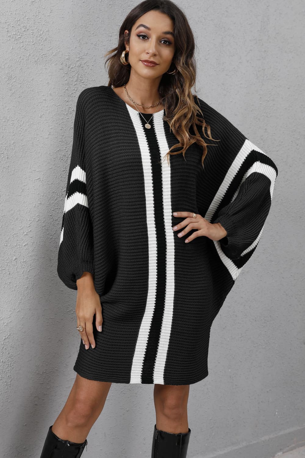 swvws Ribbed Round Neck Long Sleeve Sweater Dress