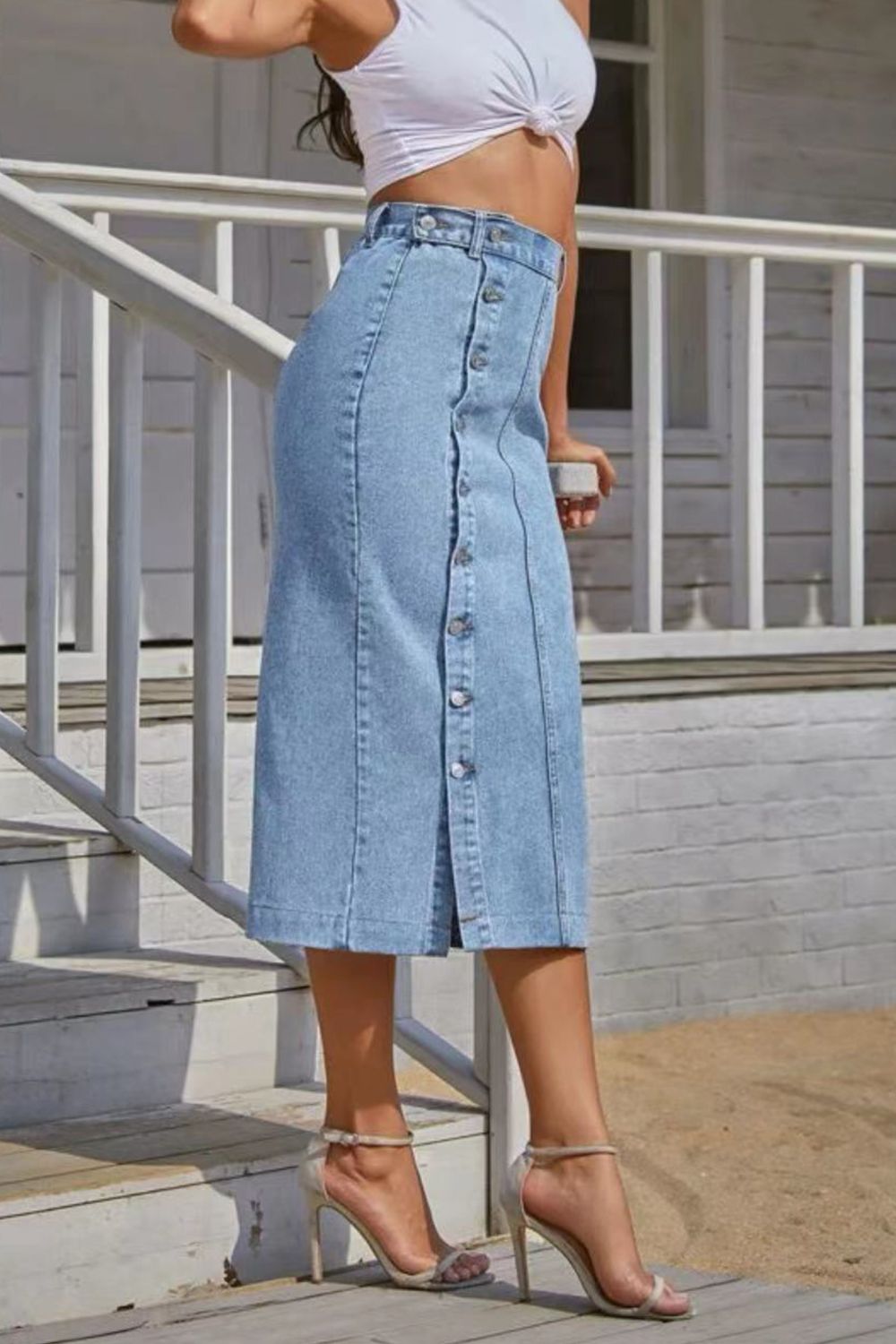 themeisles Buttoned Split Denim Skirt