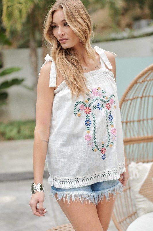 swvws Embroidered Sleeveless Ruffle Tank Top