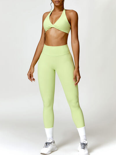 swvws Twisted Halter Neck Bra and High Waist Leggings Active Set