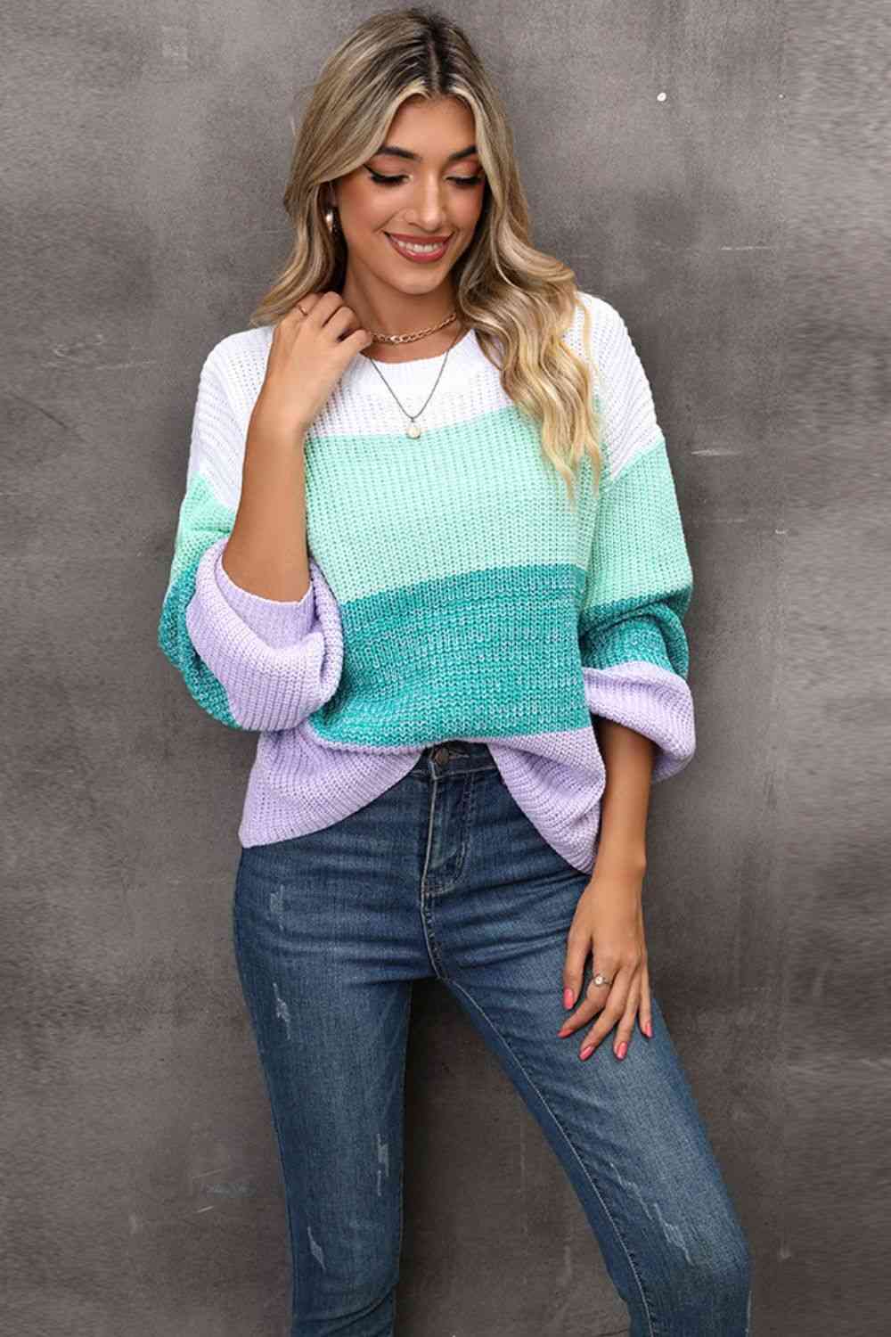 swvws Color Block Round Neck Dropped Shoulder Sweater