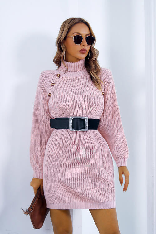 swvws Buttoned Turtleneck Long Sleeve Sweater Dress