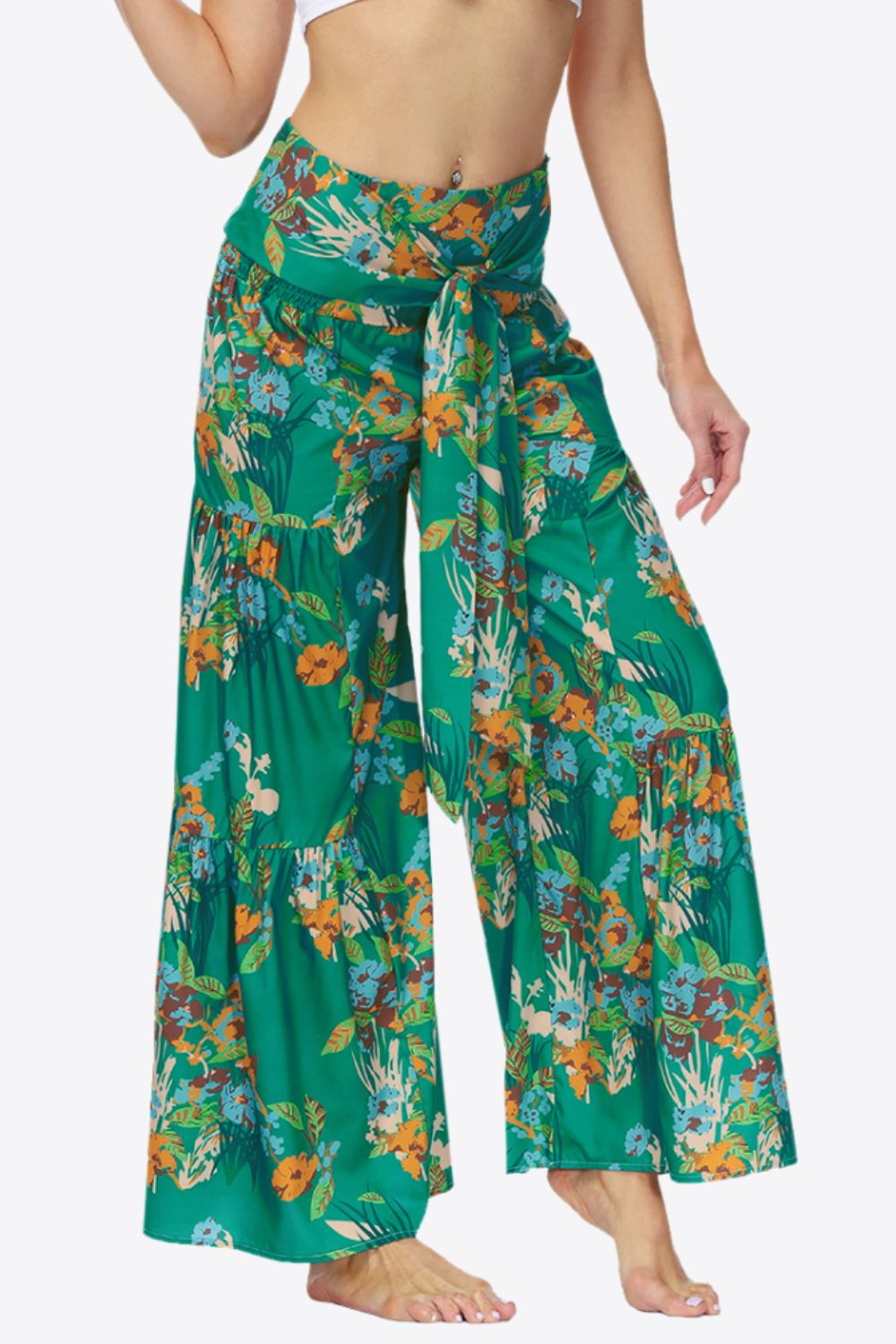 swvws Floral Tie-Waist Tiered Culottes