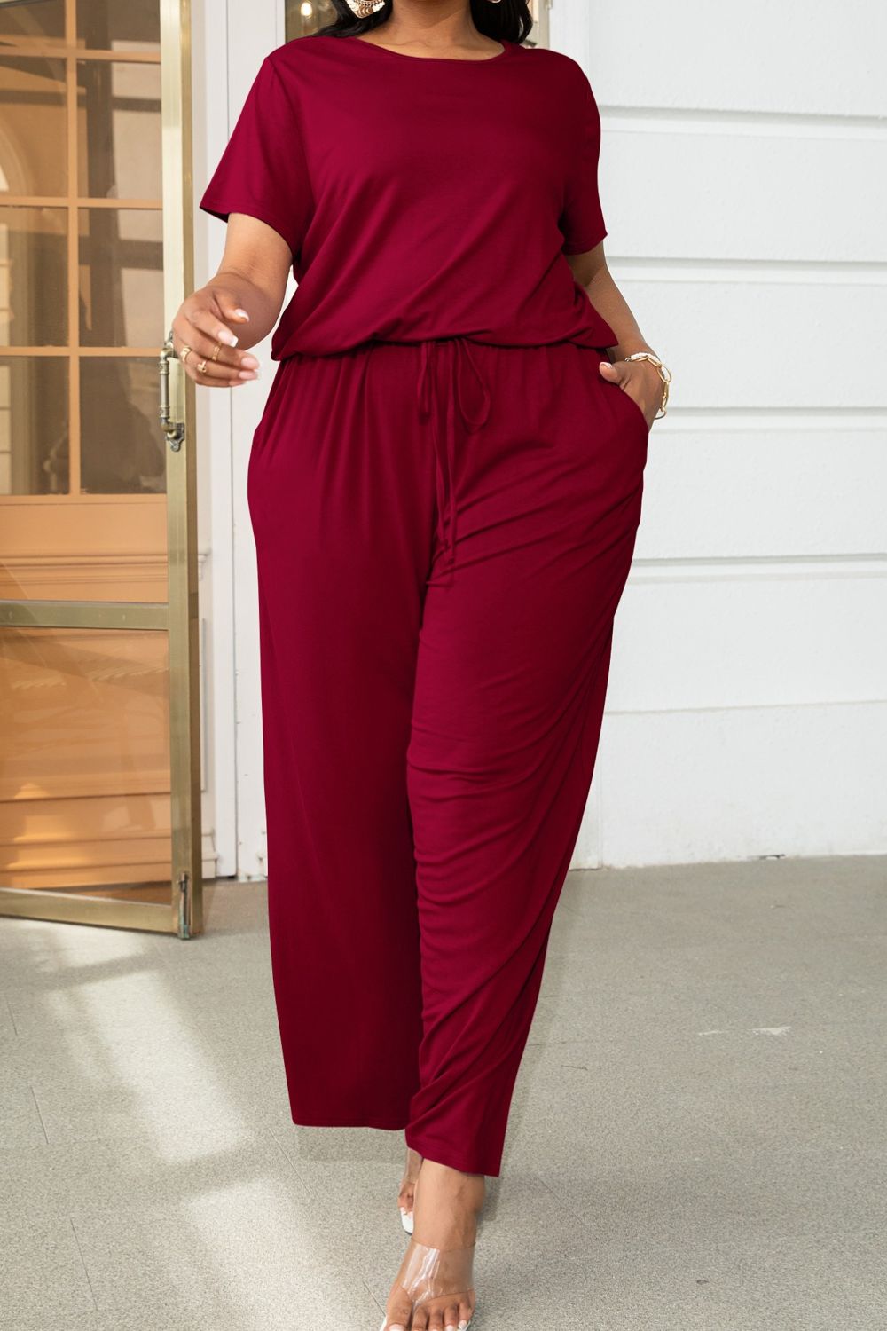 swvws Plus Size Drawstring Waist Short Sleeve Jumpsuit