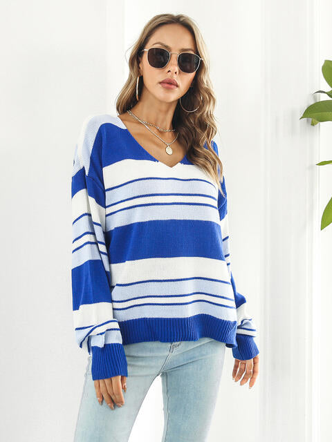 swvws Striped V-Neck Long Sleeve Knit Top