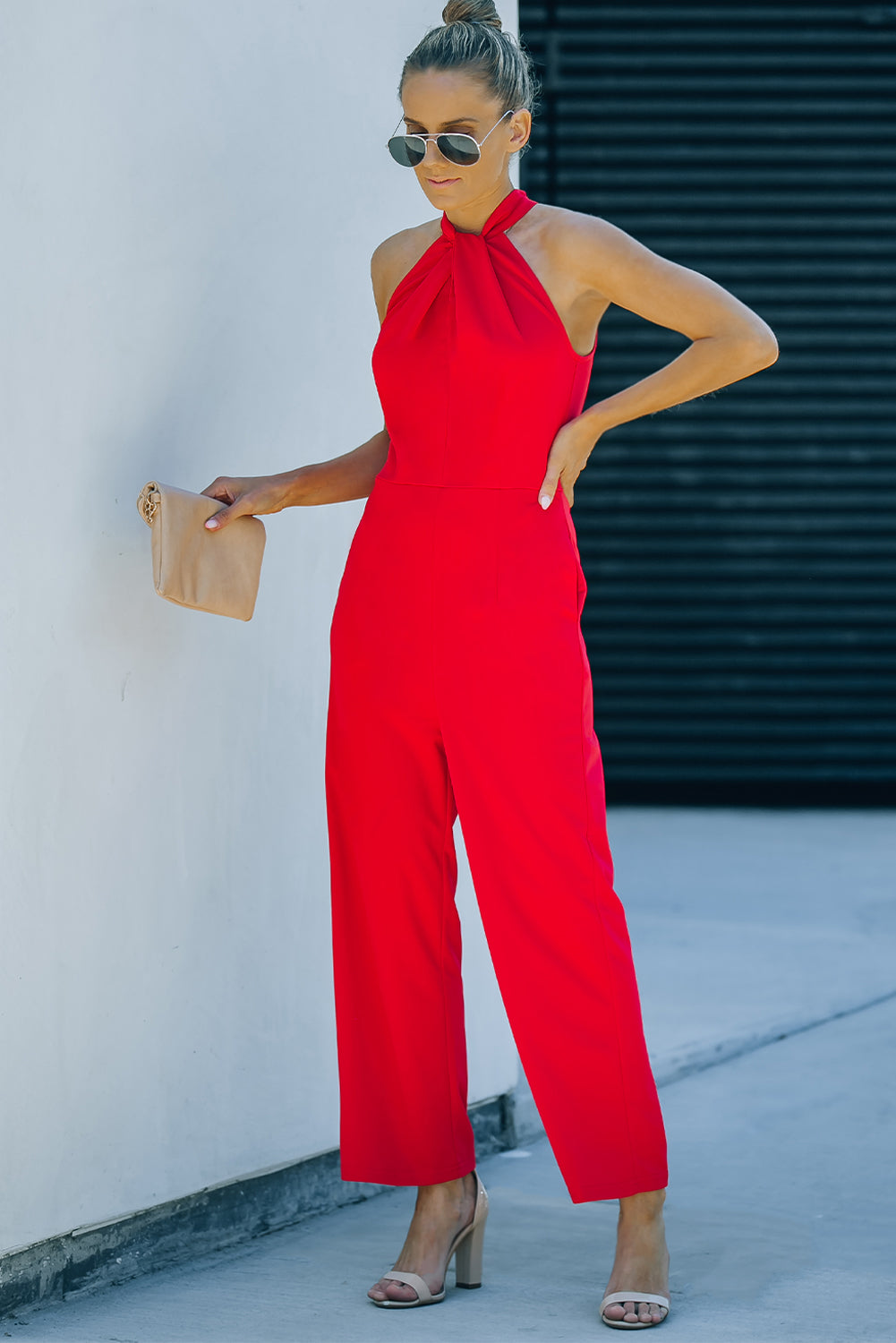 swvws Twisted Grecian Neck Wide Leg Jumpsuit