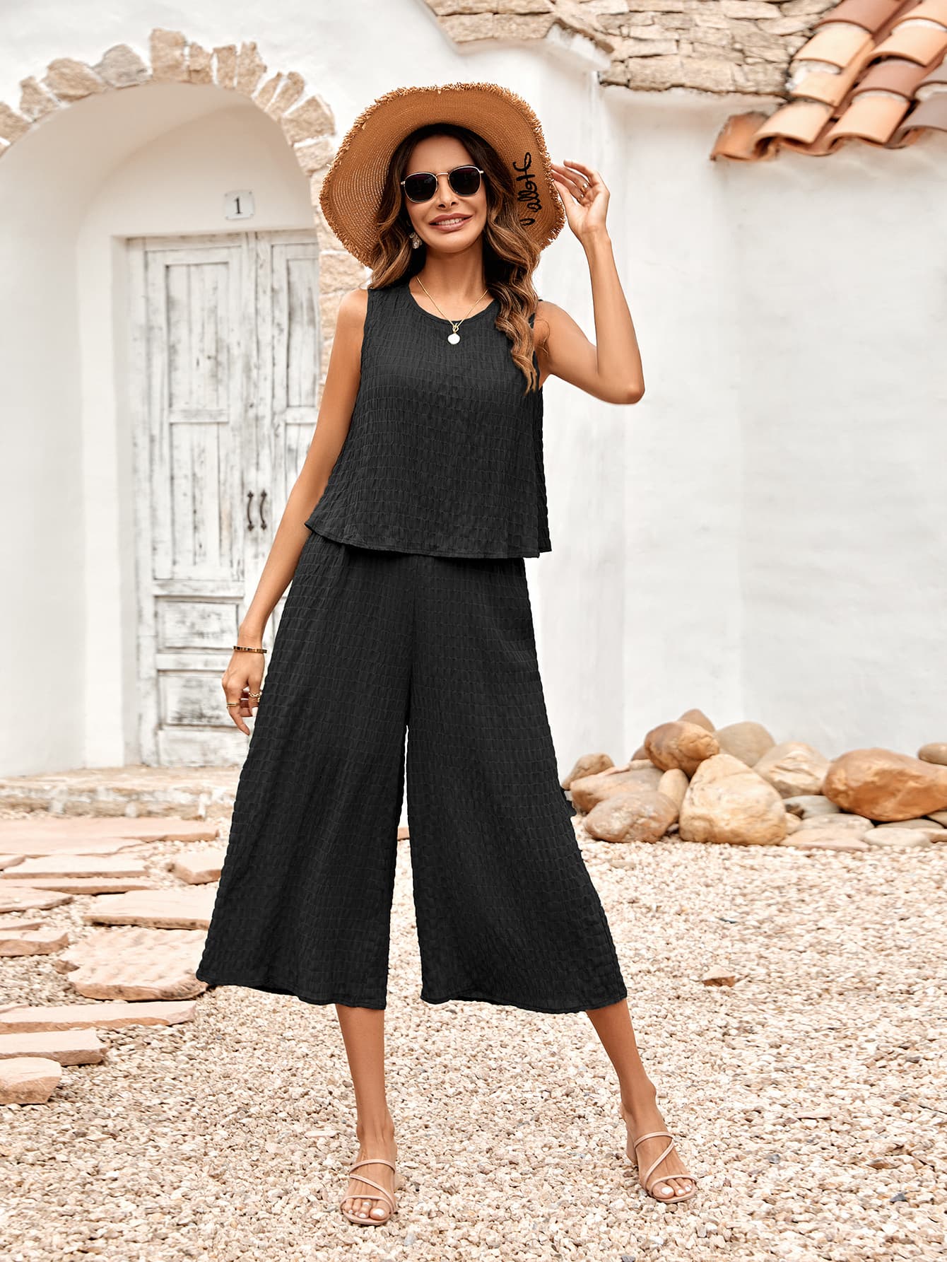 swvws Textured Round Neck Sleeveless Wide Leg Jumpsuit