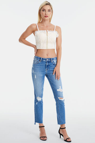 swvws BAYEAS Full Size Mid Waist Distressed Ripped Straight Jeans