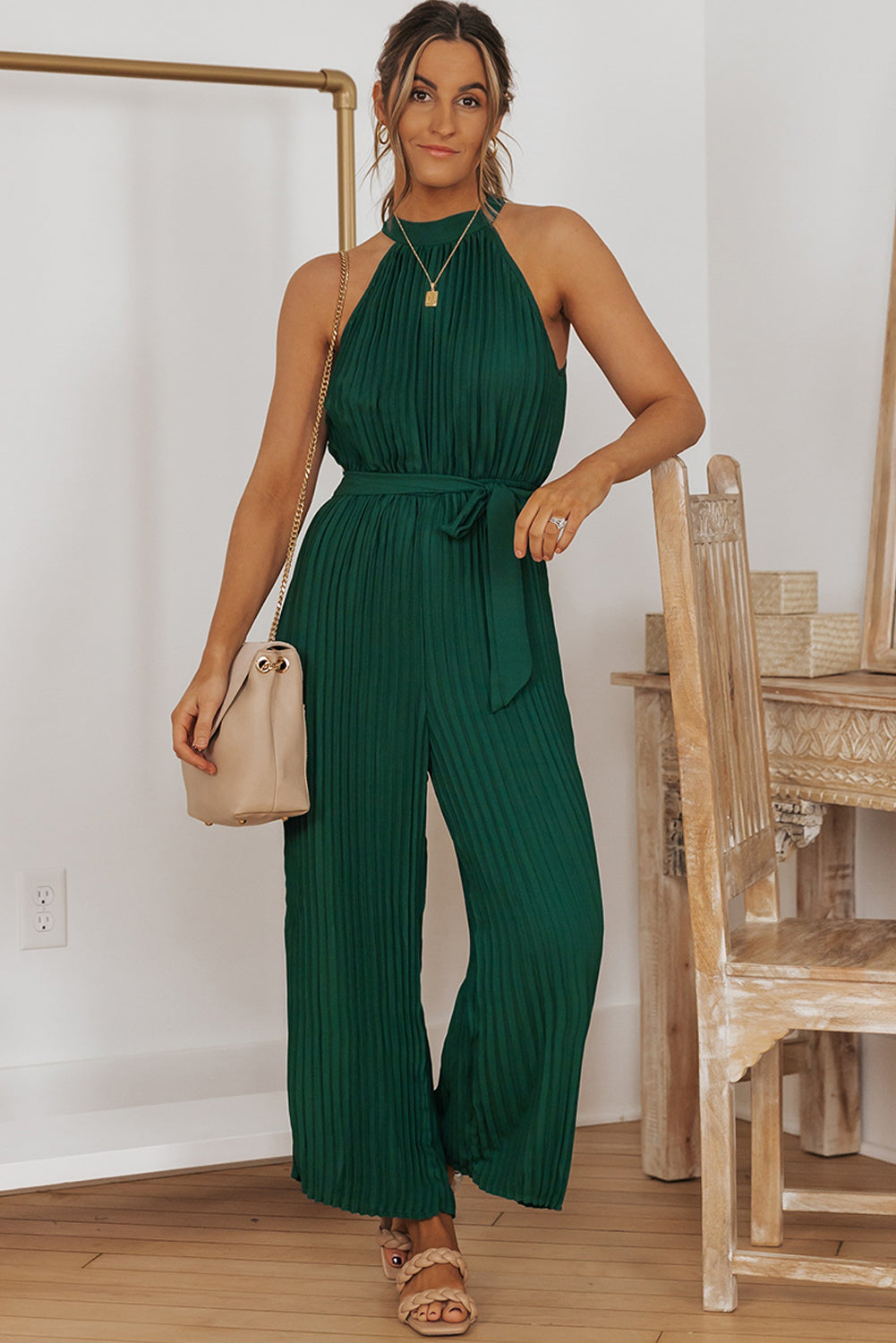 swvws Accordion Pleated Belted Grecian Neck Sleeveless Jumpsuit