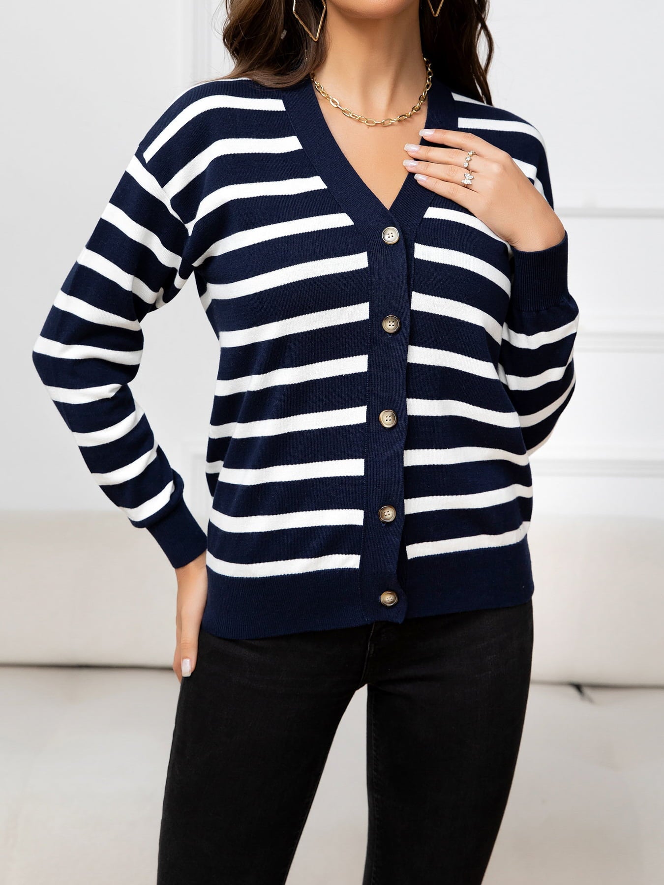 swvws Striped Dropped Shoulder V-Neck Knit Top