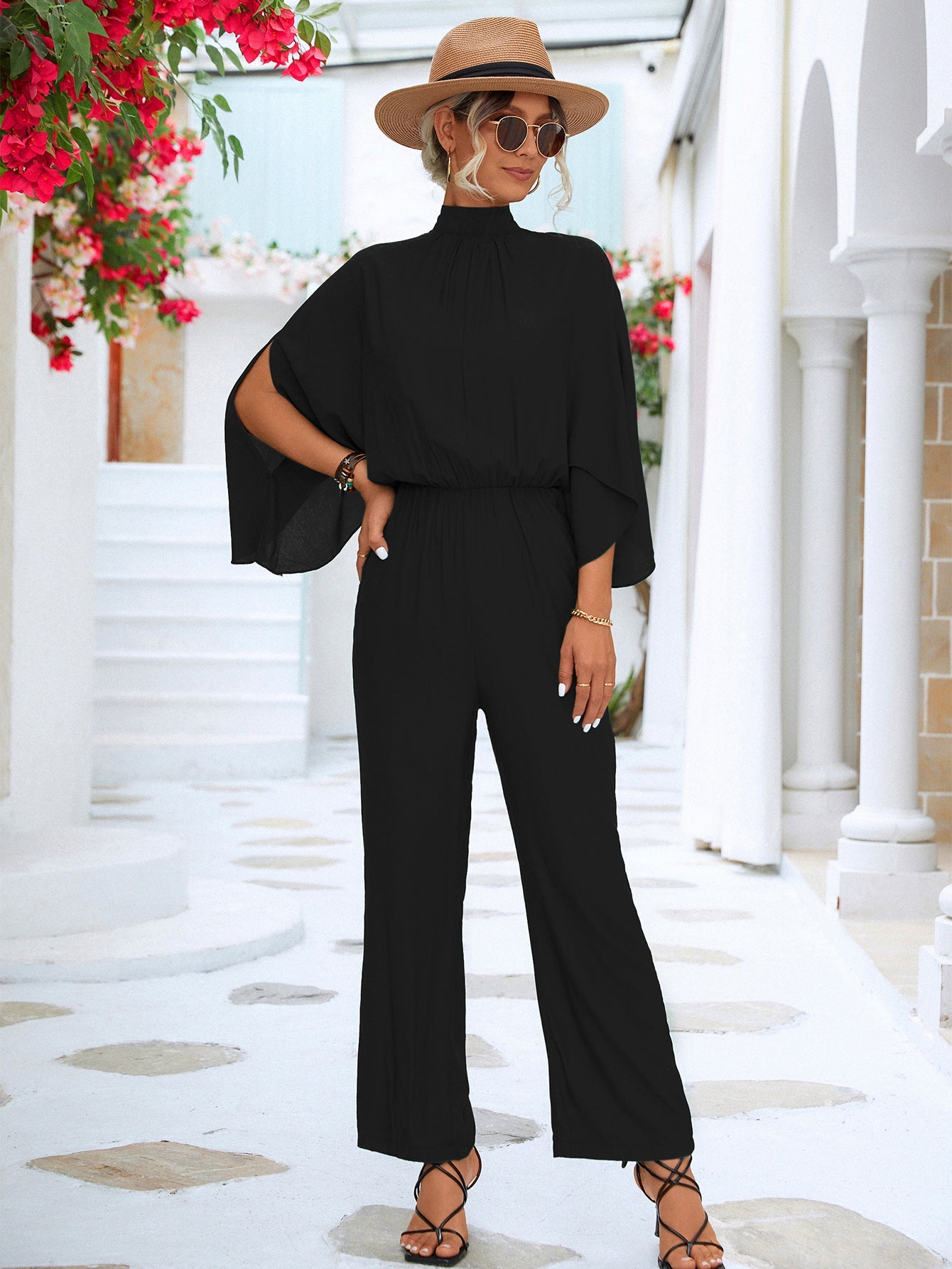 swvws Tie Back Mock Neck Split Sleeve Jumpsuit