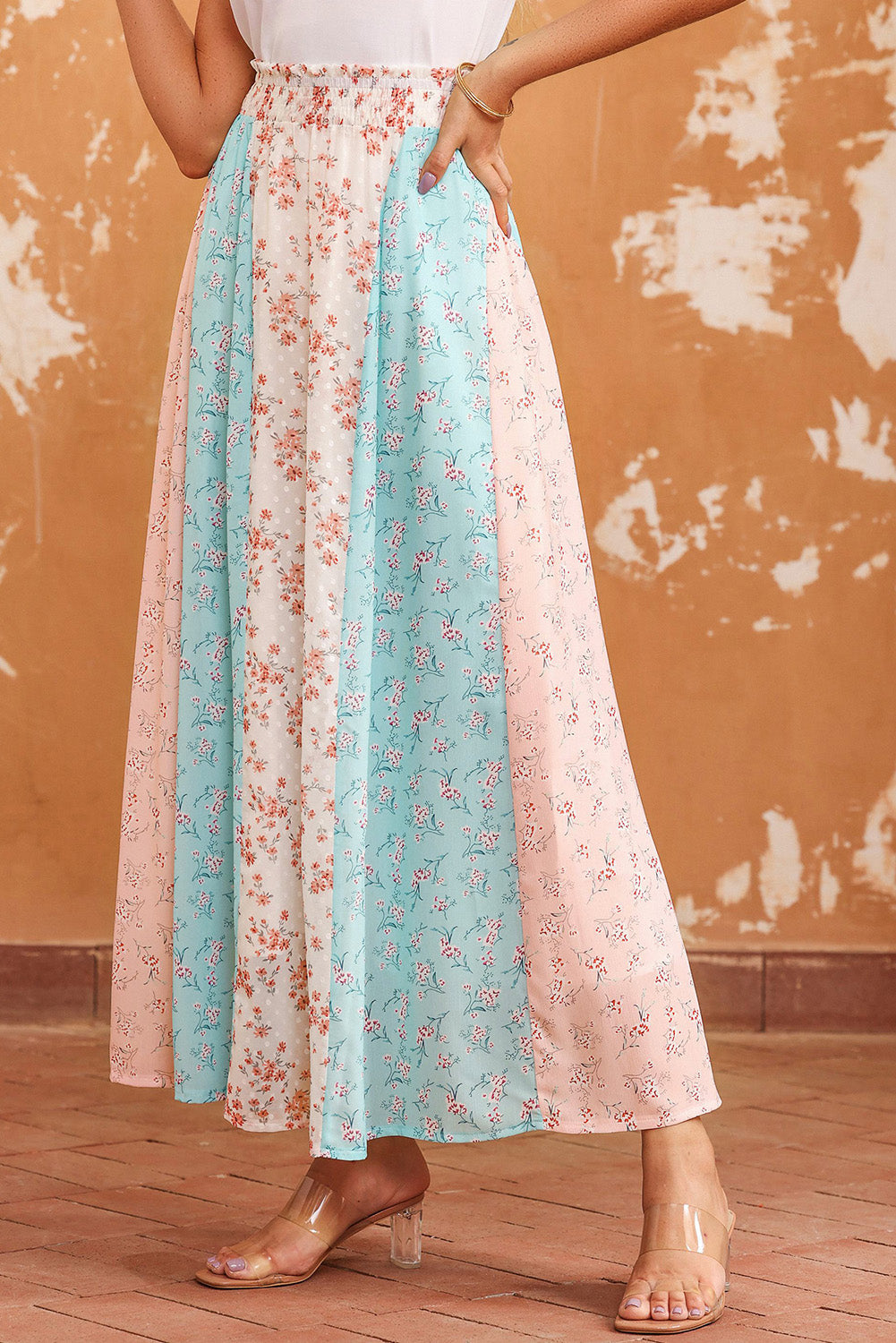 themeisles Floral Color Block Smocked Waist Maxi Skirt